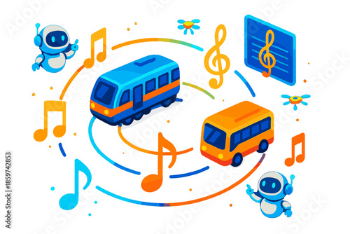 Musical Public Transport. Isometric vector illustration set Public transport as music notes: orbiting subway cars and buses