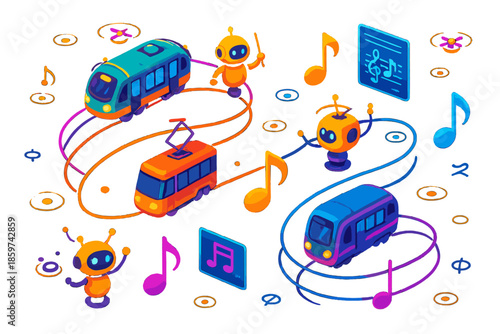 Musical Transport Symphony. Isometric vector illustration set Public transport as music notes: orbiting glowing subway cars and