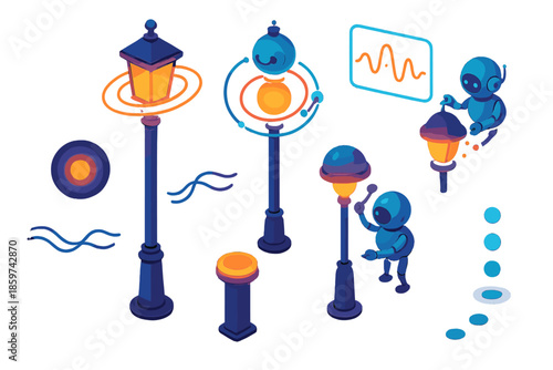 Futuristic Street Lamps. Isometric vector illustration set Street lamps breathing slowly: orbiting street lamps emitting glowing
