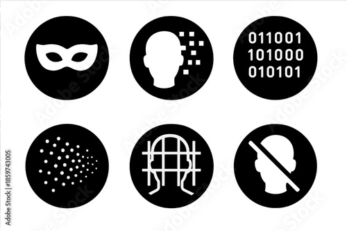 Digital Disguise Icons. Solid style round vector icons of digital disguise: mask silhouette, pixel scatter, coded light, tech veil