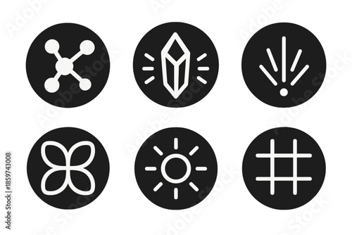 Atomic Aesthetic Icons. Solid style round vector icons of atomic aesthetics: molecular chain, shining crystal, glowing lines,