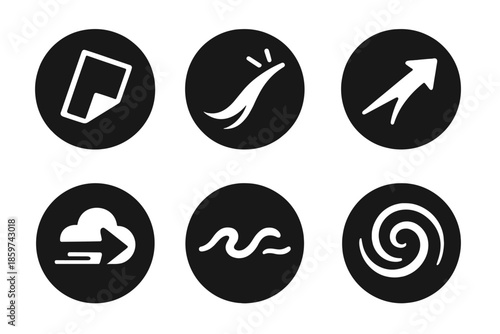 Expressive Motion Icons. Solid style round vector icons of expressive motion: folded flyer, luminous curve, dynamic path, sky
