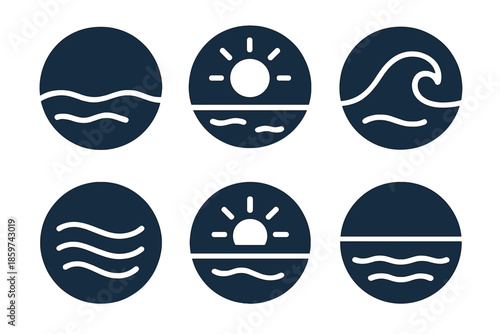 Ocean Serenity Icons. Solid style round vector icons of ocean serenity: calm sea, solar light, foam line, gentle flow, warm beam,