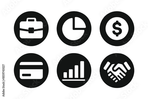 Business Icons Collection. Solid style round vector icons of business and finance: briefcase, pie chart, coin, credit card, bar