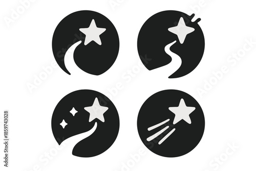 Dreams and Progress Icons. Solid style round vector icons of dreams and progress: leading star, smooth line, future path, glowing