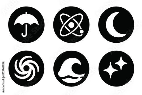 Universe Harmony Icons. Solid style round vector icons of harmony in the universe: umbrella, orbit, crescent moon, nebula, wave,