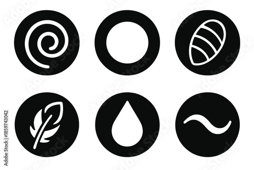 Transformation Icon Set. Solid style round vector icons of transformation and continuity: spiral, circle, cocoon, feather, droplet