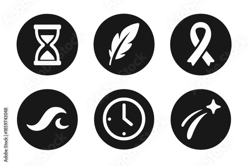 Temporal Elegance Icons. Solid style round vector icons of temporal elegance: sandglass, feather, ribbon, wave, clock, light trail