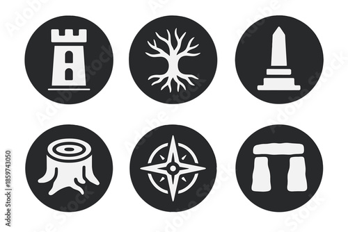 Legacy Icons Collection. Solid style round vector icons of legacy and endurance: tower, roots, monument, tree trunk, compass,