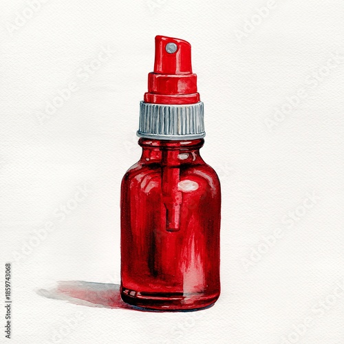 Red glass spray bottle cosmetic or medical container isolated on white background for product design