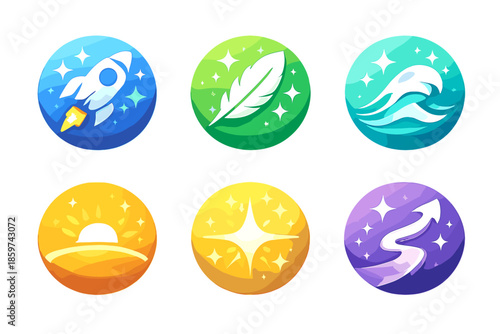 Effortless Icon Set. Solid style round vector icons of effortless progress: rocket, feather, wave, horizon, glow, path arrow No