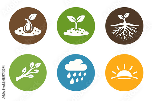 Growth Icons Set. Solid style round vector icons of growth and renewal: seed, sprout, root, branch, rain, sunrise No text, No