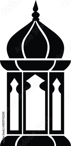Black silhouette icon of an Islamic lantern, Ramadan and Eid celebrations, Arabic design elements and a decorative dome.