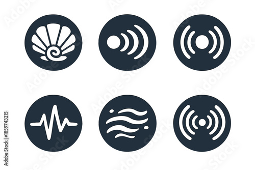 Distant Communication Icons. Solid style round vector icons of distant communication: shell, echo, sound ring, pulse line, mist,