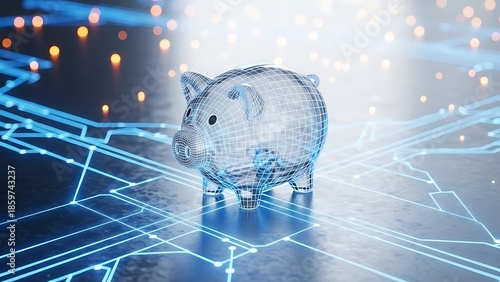 Wireframe piggy bank on digital network