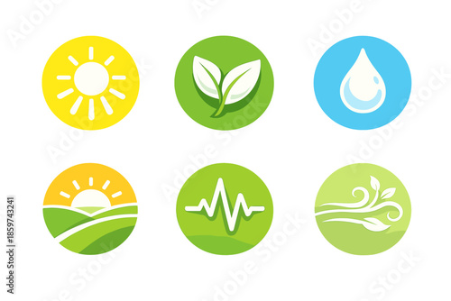 Organic Optimism Icons. Solid style round vector icons of organic optimism: sunbeam, leaflet, droplet, horizon, pulse, breeze No