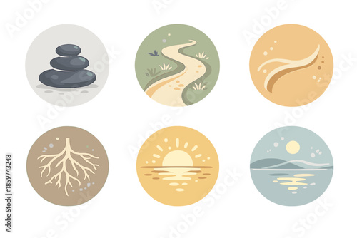 Gentle Progress Icons. Solid style round vector icons of gentle progress: pebble, pathway, curve, root, sunrise, reflection No