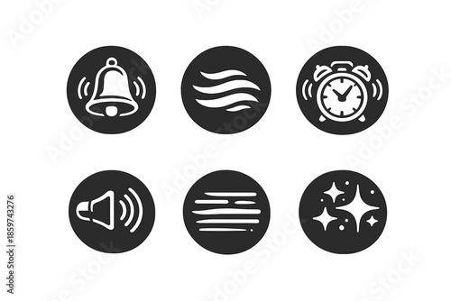 Round Echo Icons. Solid style round vector icons of echo and time: towerbell, mist, clock ring, sound path, haze, shimmer No text,