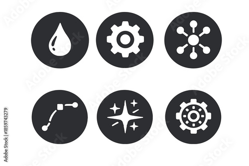 Innovation Icon Set. Solid style round vector icons of innovation craft: inkdrop, gearwheel, motion curve, connector, spark,