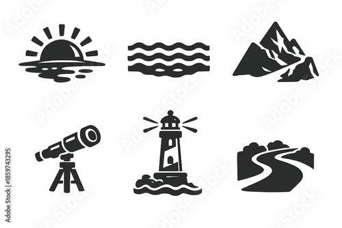 Horizon Exploration Icons. Solid style icons of horizon exploration: sunrise, sea line, mountain edge, telescope, lighthouse,