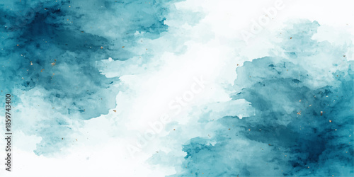An abstract watercolor background blending sky blue tones with bright white clouds to capture a beautiful sunny day and the clear atmosphere of a summer heaven in a colorful nature cloudscape