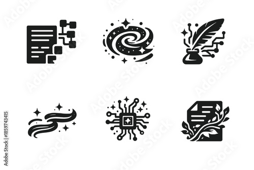 Hybrid Writing Icons. Solid style icons of hybrid writing: textnode block, dreamloop spiral, AI quill, flowing sentence, glowing