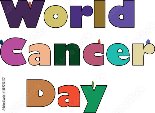 Colorful world cancer day awareness text in multicolored letters