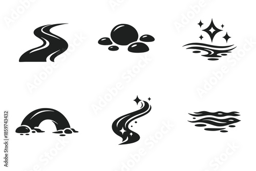 Harmonious Nature Icons. Solid style icons of harmony and flow: river bend, round pebble, light shimmer, natural arc, glowing