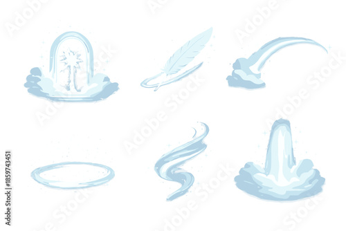 Visionary Calm Icons. Solid style icons of visionary calm: dreamgate glow, featherline trace, mist arc, halo path, airy swirl,