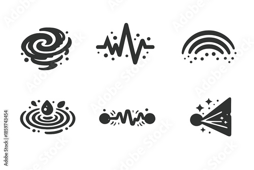 Hidden Motion Icons. Solid style icons of Hidden Motion: fog spiral, rhythm pulse, mist arc, echo seed, vibration thread, silent