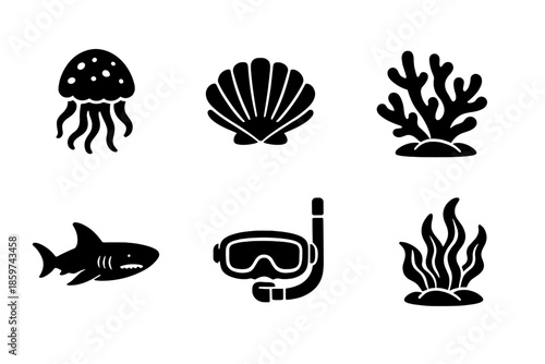 Underwater Icons Set. Solid style icons of Underwater World: jellyfish, seashell, coral, shark, diving mask, seaweed No text, No