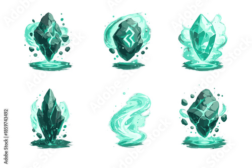 Ether Stone Icons. Solid style icons of Ether Stone: levitating rock, glowing rune, translucent gem, silent crystal, light flow,