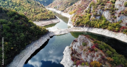 Aerial view of Uvac River junction and canyon walls, Serbia