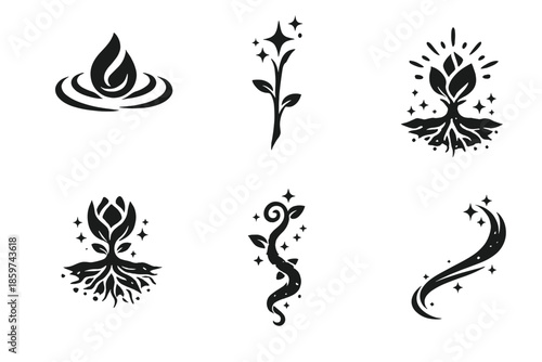 Origin Motion Icons. Solid style icons of Origin Motion: clay pulse, spark stem, glowing root, radiant bud, earthen thread,