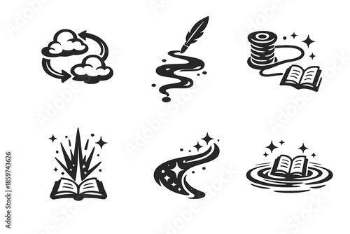 Generative Story Icons. Solid style icons of Generative Stories: cloud loop, ink path, narrative thread, luminous beam, flowing