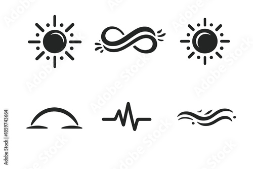 Centered Energy Icons. Solid style icons of Centered Energy: radiant node, wind loop, glowing circle, calm arc, pulse line, airy