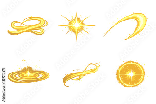Focused Flow Icons. Solid style icons of Focused Flow: wind loop, glow point, luminous arc, soft pulse, airy thread, radiant