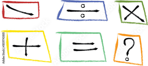 Mathematical symbols and silhouette shapes on colorful sticky notes