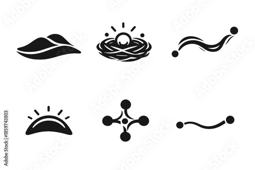 Gentle Clarity Icons. Solid style icons of Gentle Clarity: sand curve, light nest, flowing thread, luminous arc, soft node, gentle