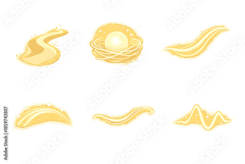 Safe Passage Icons. Solid style icons of Safe Passage: sand curve, light nest, flowing line, luminous arc, gentle thread, soft