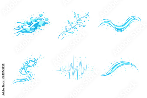 Fluid Algorithm Icons. Solid style icons of Fluid Algorithms: drift code, glow vine, flowing line, luminous thread, digital pulse,