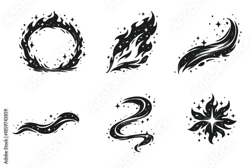 Subdued Flame Icons. Solid style icons of Subdued Flame: dust frame, flare veil, flowing arc, luminous thread, soft line, radiant