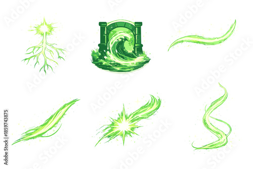 Radiant Growth Icons. Solid style icons of Radiant Growth: spark root, tide gate, glowing line, flowing arc, energy pulse,