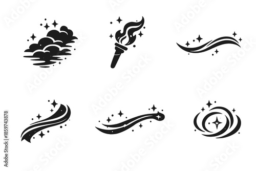 Subtle Guidance Icons. Solid style icons of Subtle Guidance: fog step, torch flow, soft line, flowing arc, luminous thread, gentle