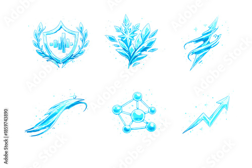 Radiant Tone Icons. Solid style icons of Radiant Tone: sound crest, frost grain, sharp thread, flowing arc, luminous node, rising