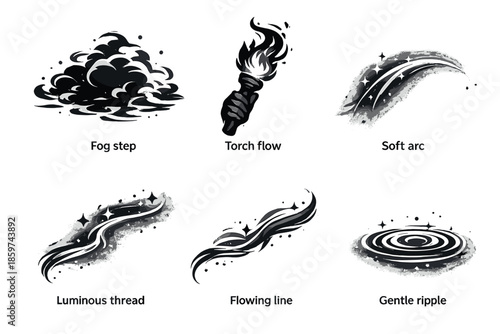 Solid Style Icons. Solid style icons of Obscured Flow: fog step, torch flow, soft arc, luminous thread, flowing line, gentle