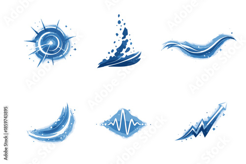 Silent Resonance Icons. Solid style icons of Silent Resonance: echo flare, ash curve, flowing thread, luminous arc, soft pulse,