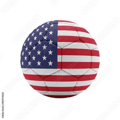 Soccer ball with American flag design, featuring red, white, and blue colors with star and stripe patterns on a transparent background.