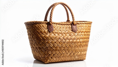 Handcrafted Woven Wicker Tote Bag with Braided Handles Isolated on a Clean Reflective White Background