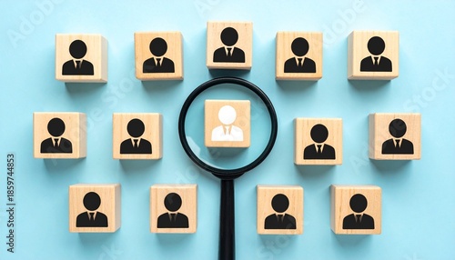 Magnifying Glass Highlighting a Single White Person Icon Among Black Icons on Wooden Blocks Over a Light Blue Background